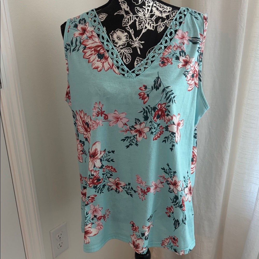 Zeagoo Floral Lace Trim Tank Top - Teal and Pink
